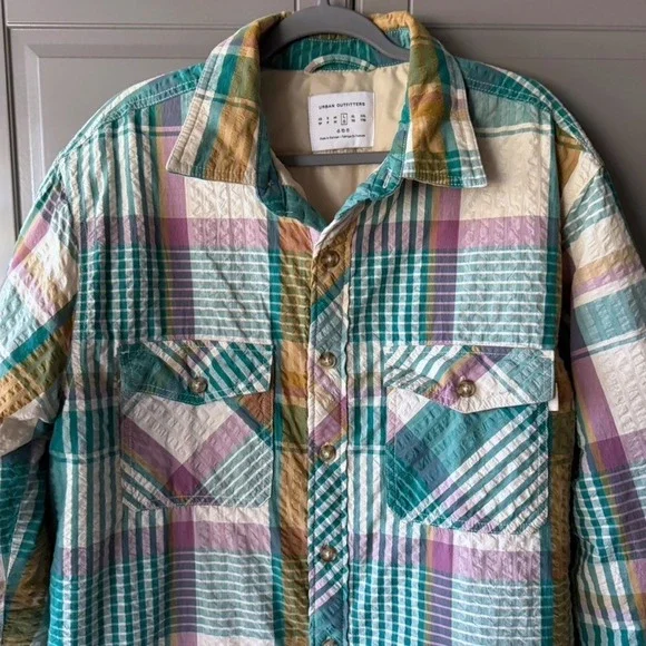 UO Men's Eclectic Grandpa Skater Plaid Seersucker Shirt Jacket,Multi, L - Picture 4 of 16